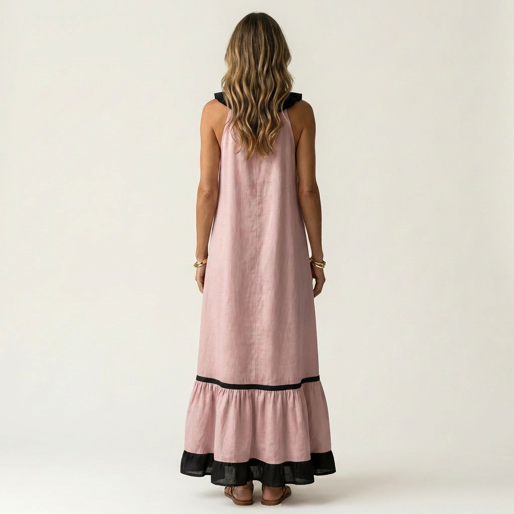 Ruffle V-Neck Sleeveless Contrast Trim Tiered Flowy Maxi Dress 8