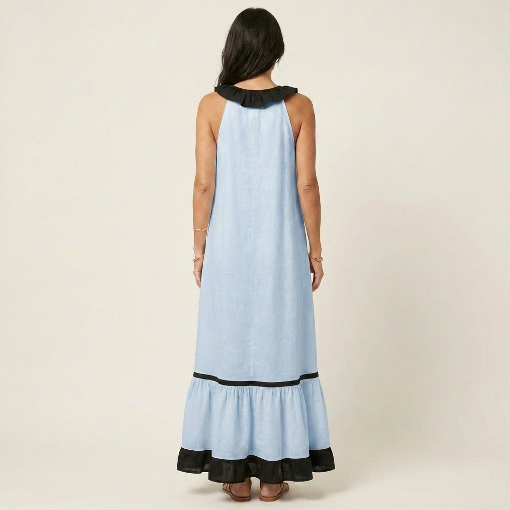Ruffle V-Neck Sleeveless Contrast Trim Tiered Flowy Maxi Dress 4
