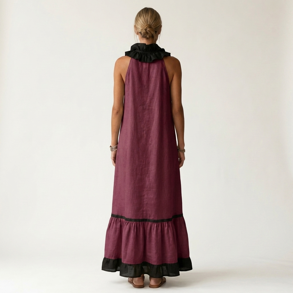 Ruffle V-Neck Sleeveless Contrast Trim Tiered Flowy Maxi Dress 10