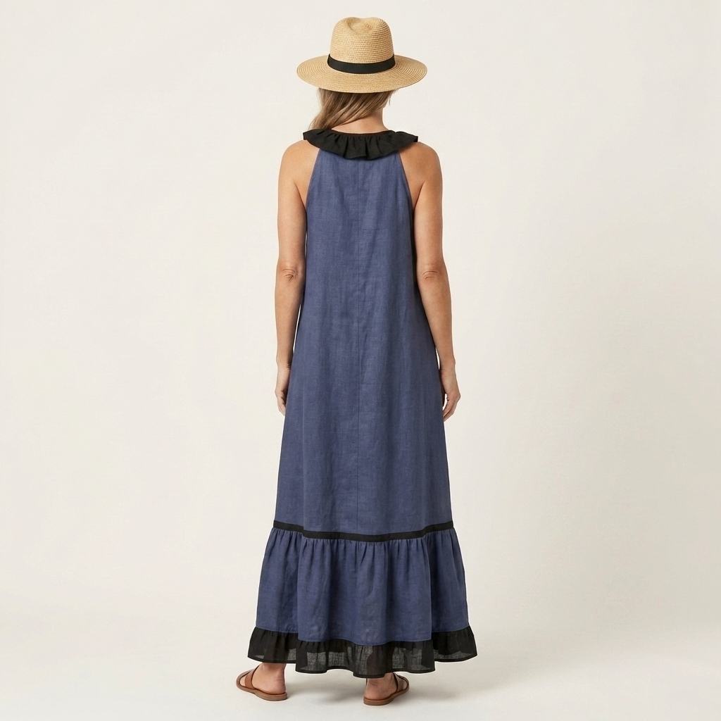 Ruffle V-Neck Sleeveless Contrast Trim Tiered Flowy Maxi Dress 6