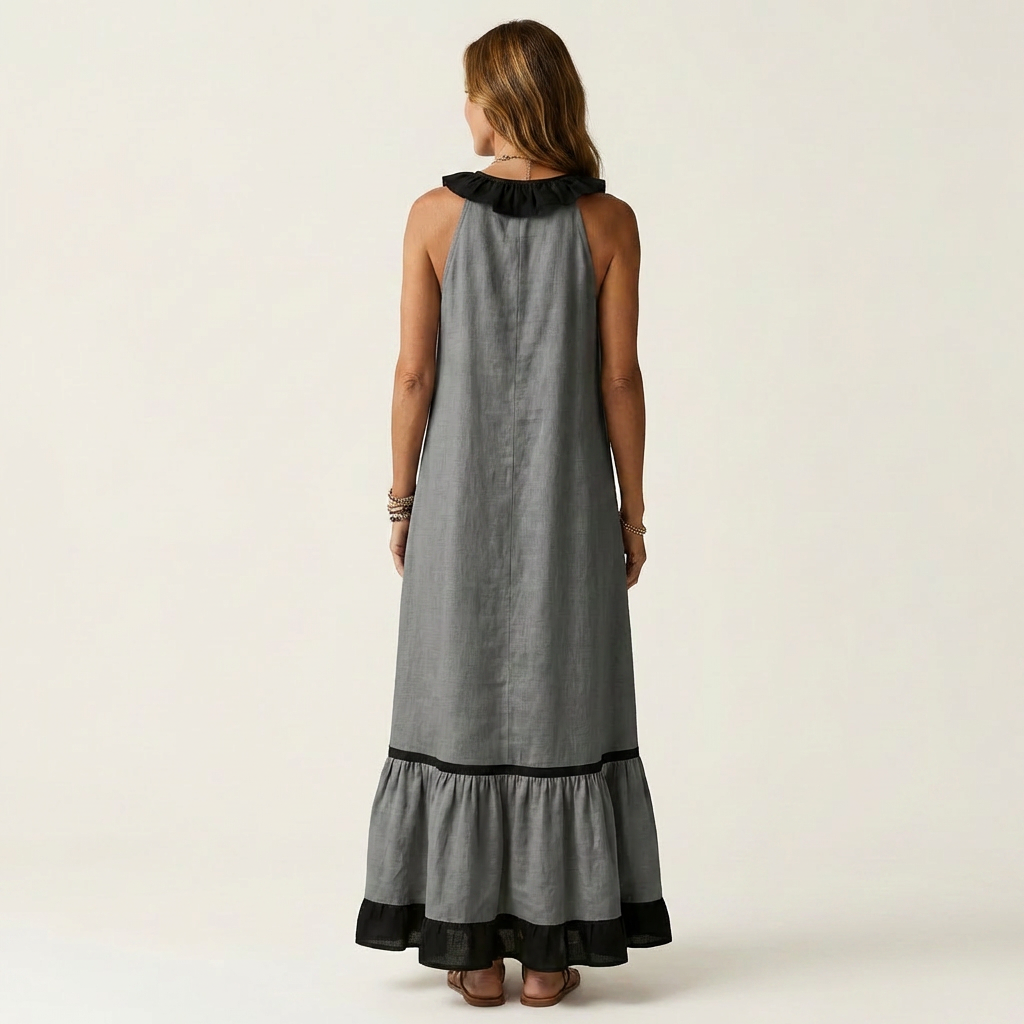 Ruffle V-Neck Sleeveless Contrast Trim Tiered Flowy Maxi Dress 2