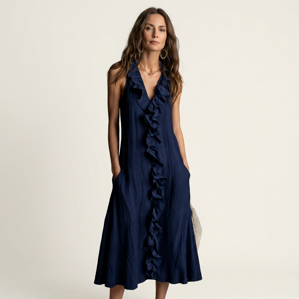 Ruffle Front V-Neck Sleeveless Tiered A-Line Maxi Dress 7