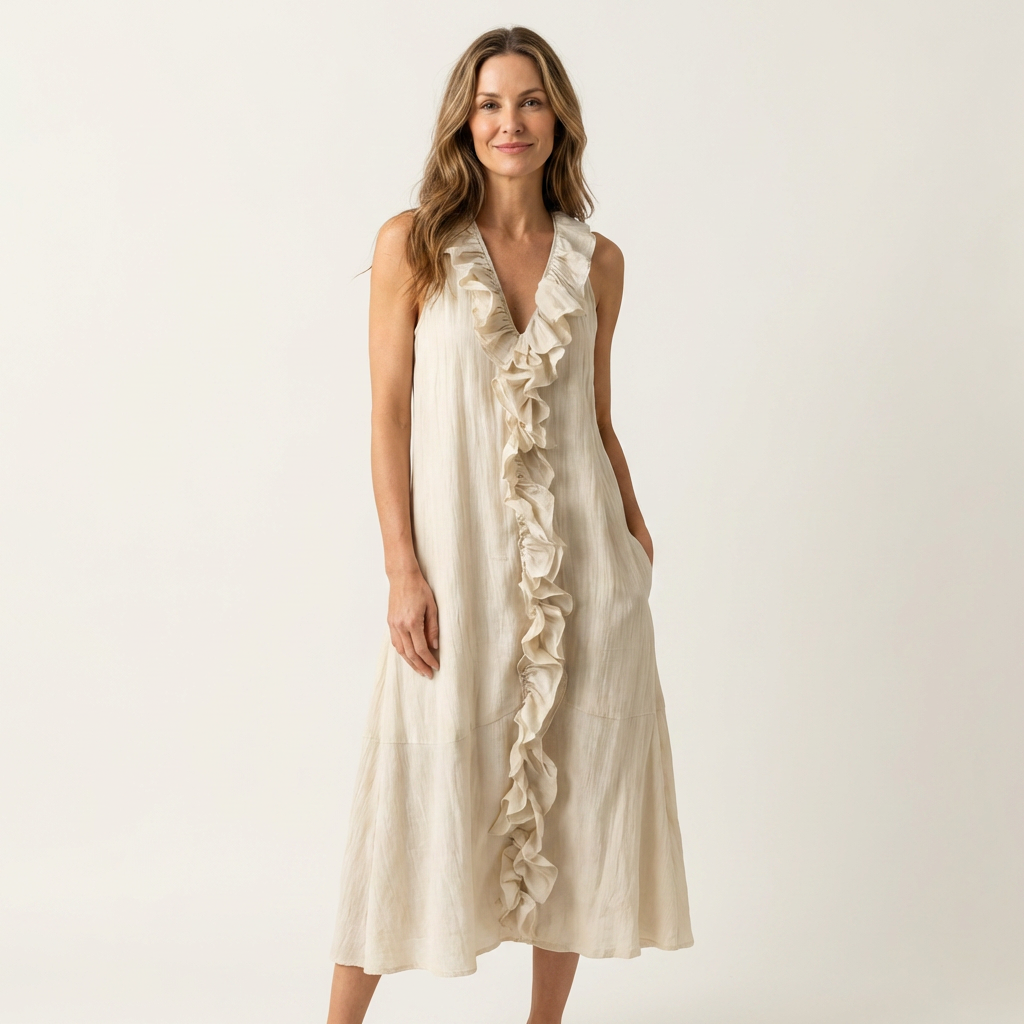 Ruffle Front V-Neck Sleeveless Tiered A-Line Maxi Dress