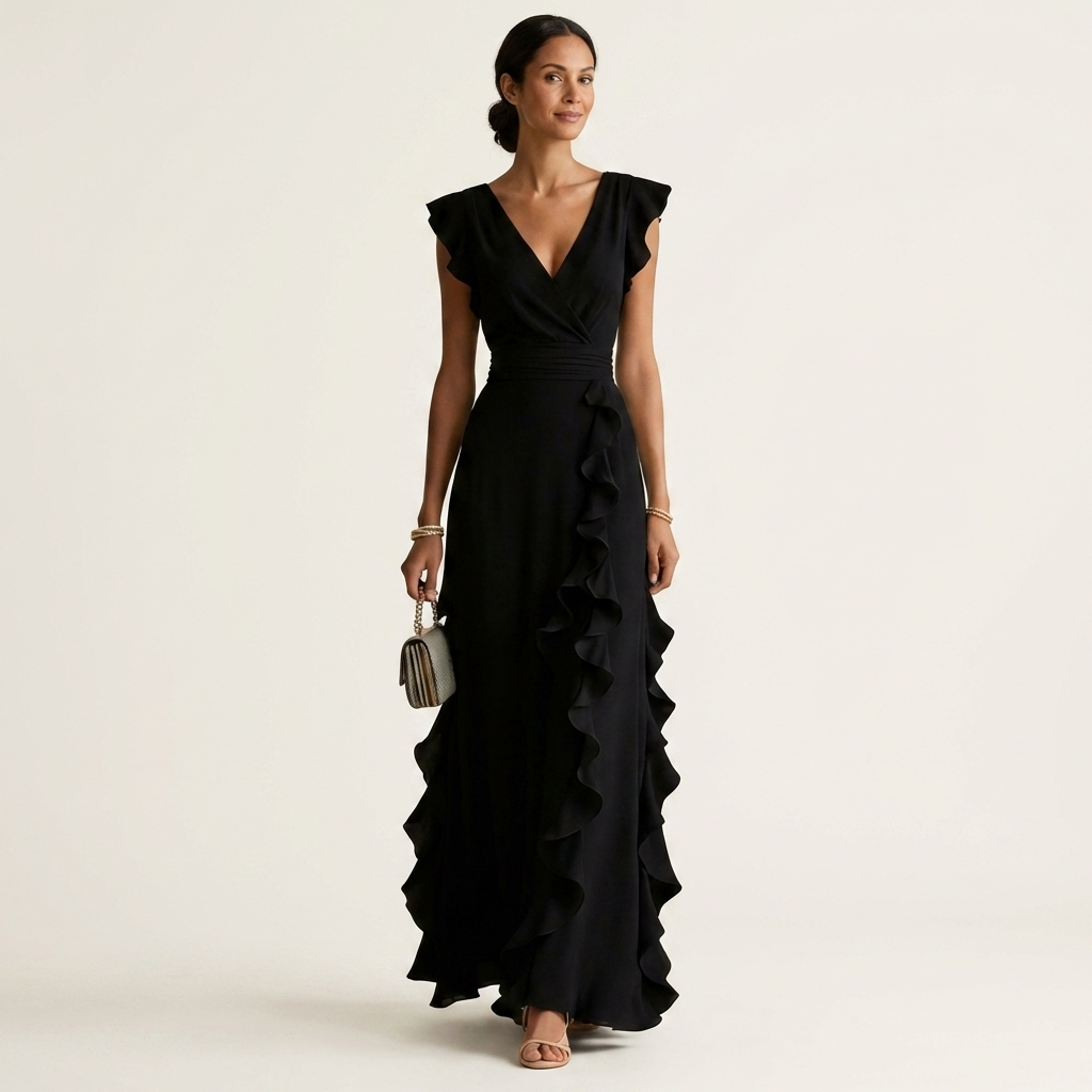Wrap V-Neck Flutter Sleeve Cascading Ruffle Chiffon Maxi Dress 9