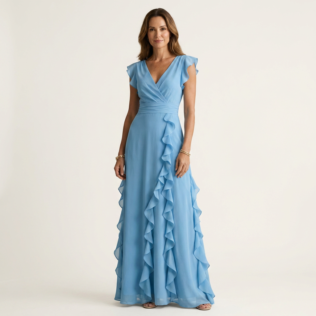 Surplice V-Neck Flutter Sleeve Cascading Ruffle Chiffon Maxi Gown 7