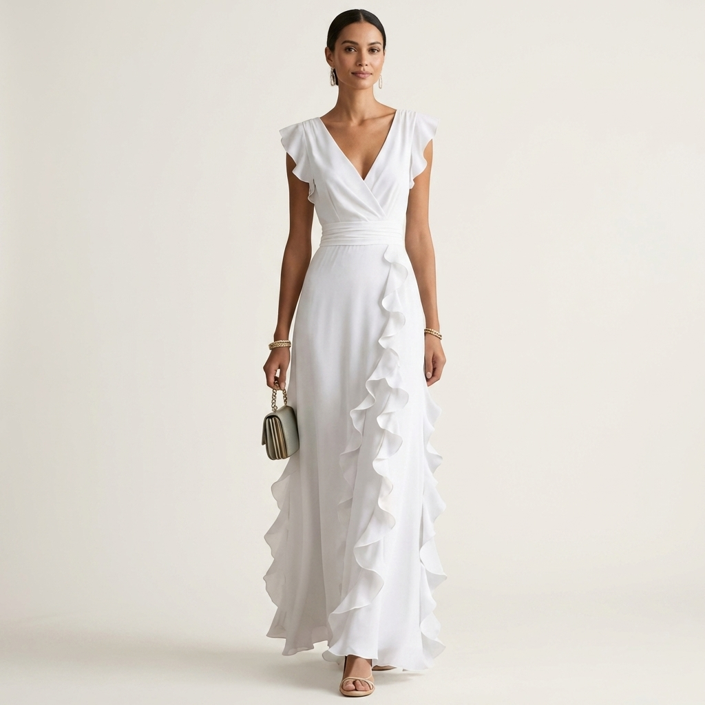 Wrap V-Neck Flutter Sleeve Cascading Ruffle Chiffon Maxi Dress 5
