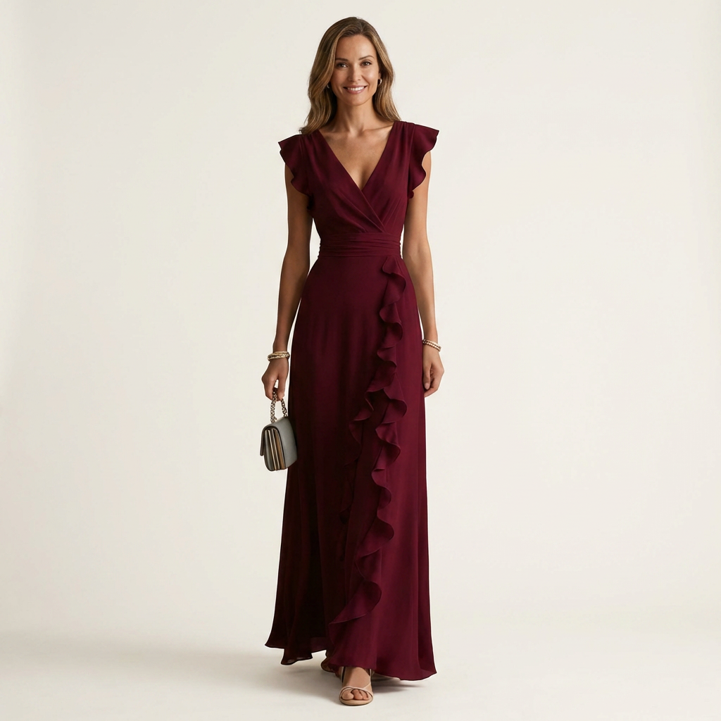 Surplice V-Neck Flutter Sleeve Cascading Ruffle Chiffon Maxi Gown 3