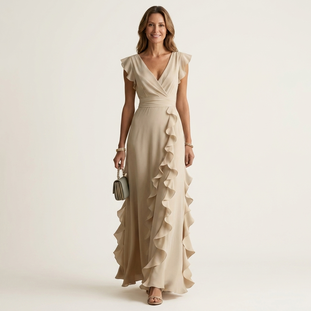 Surplice V-Neck Flutter Sleeve Cascading Ruffle Chiffon Maxi Gown