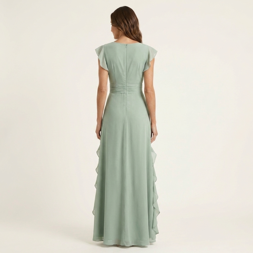 Wrap V-Neck Flutter Sleeve Cascading Ruffle Chiffon Maxi Dress 12