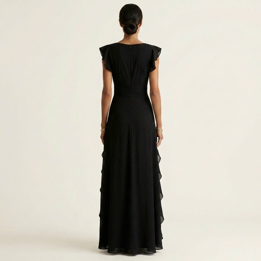 V-Neck Flutter Sleeve Cascade Ruffle Chiffon A-Line Maxi Gown 10