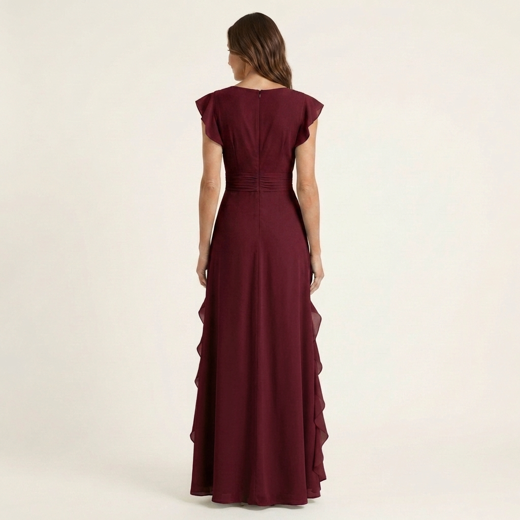 V-Neck Flutter Sleeve Cascade Ruffle Chiffon A-Line Maxi Gown 4