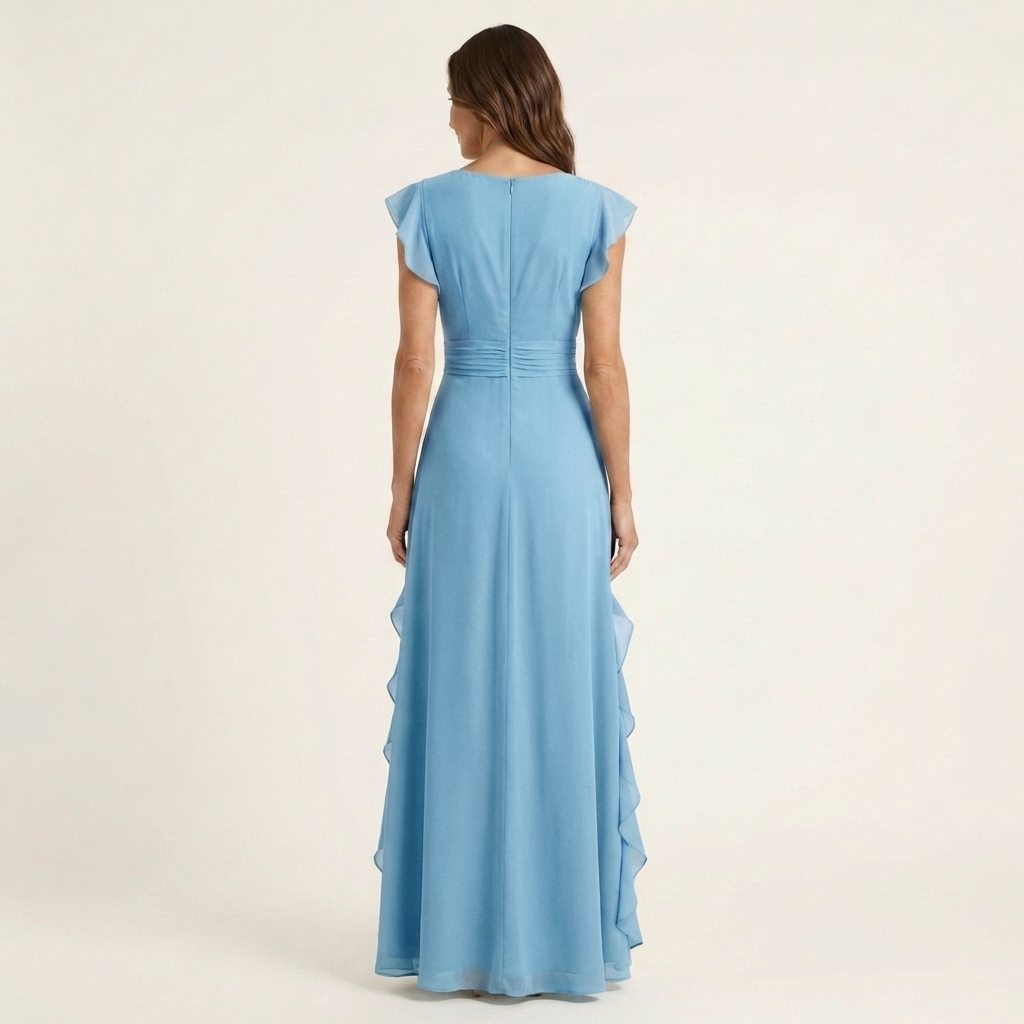 V-Neck Flutter Sleeve Cascade Ruffle Chiffon A-Line Maxi Gown 8