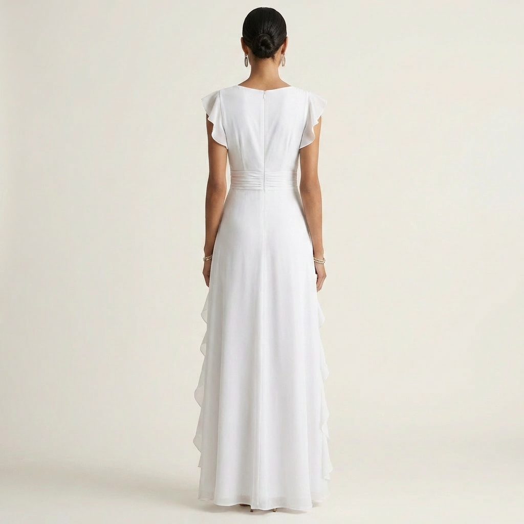 Surplice V-Neck Flutter Sleeve Cascading Ruffle Chiffon Maxi Gown 6
