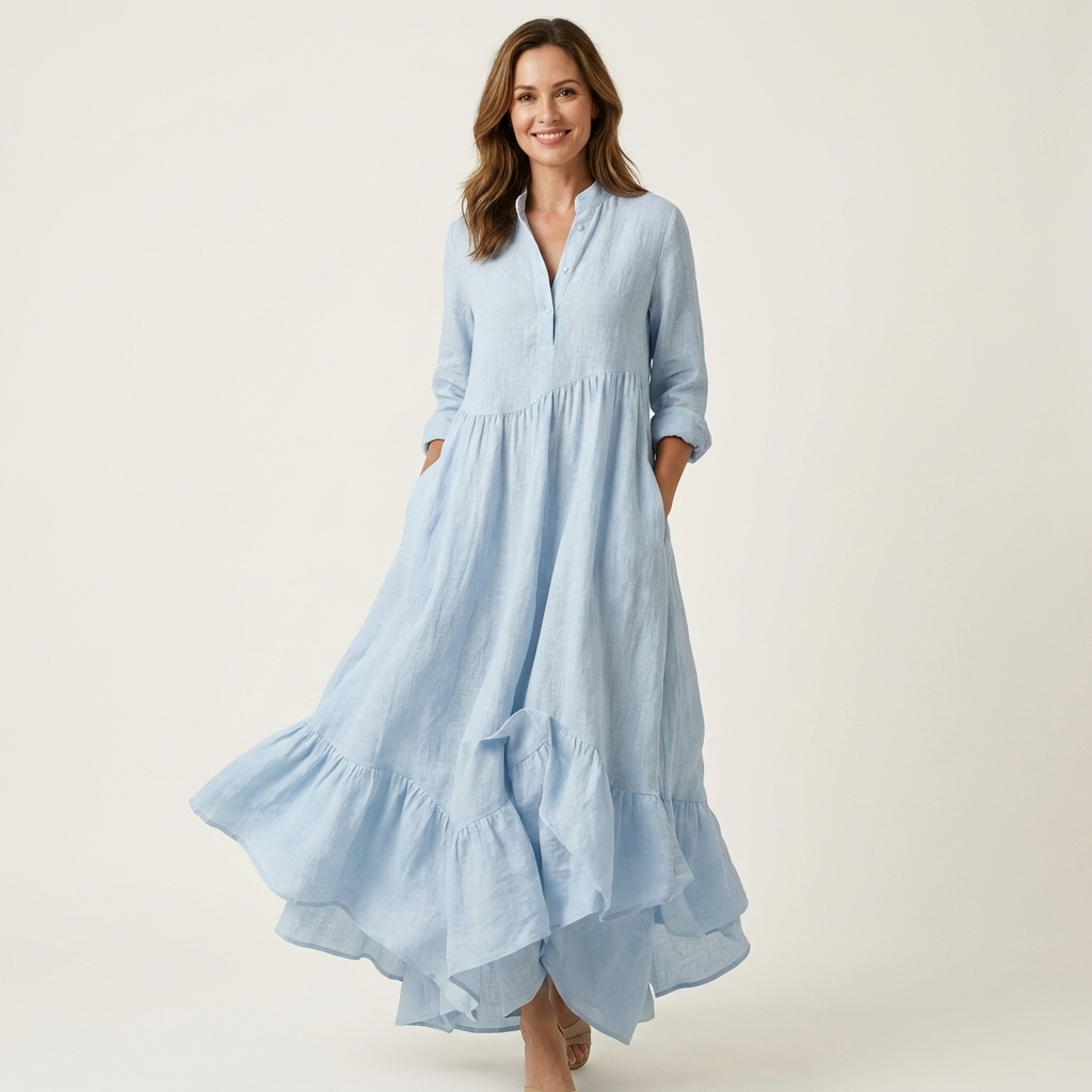 Band Collar Long Sleeve Linen Tiered Ruffle Maxi Dress 3