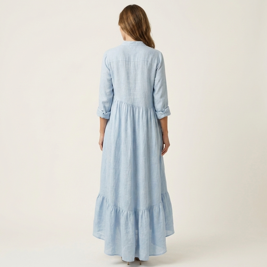 Band Collar Long Sleeve Linen Tiered Ruffle Maxi Dress 4