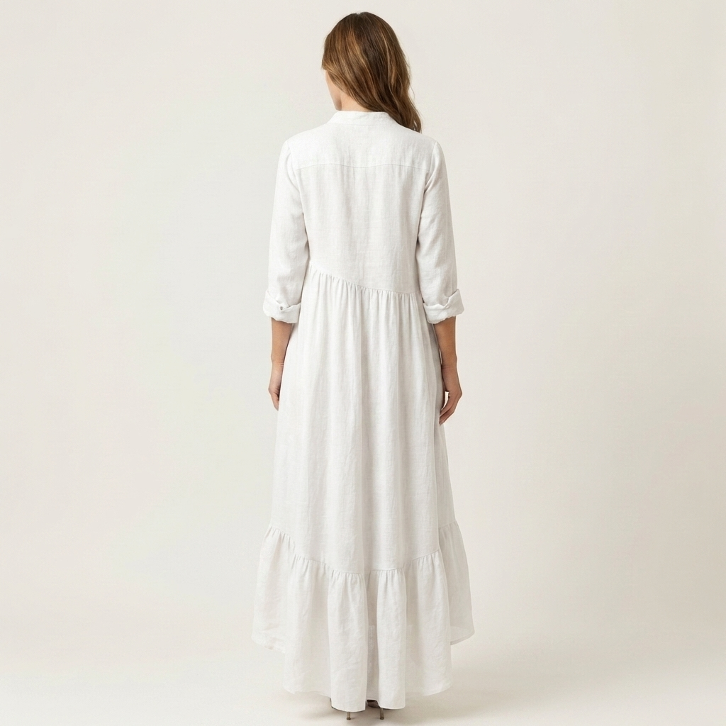 Band Collar Long Sleeve Linen Tiered Ruffle Maxi Dress 2
