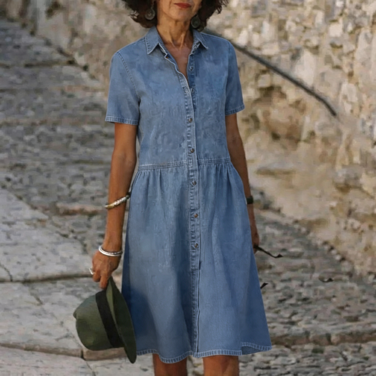 Collared Button Front Short Sleeve Denim A-Line Midi Dress