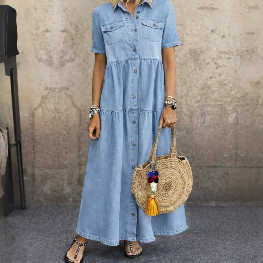 Collared Button Front Short Sleeve Denim Tiered Maxi Dress
