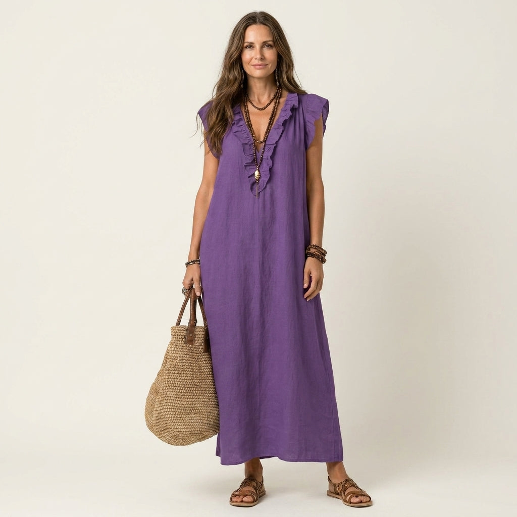 Ruffle V-Neck Flutter Sleeve Button Linen A-Line Maxi Dress 15