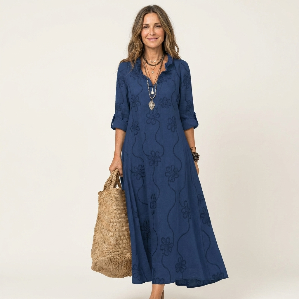 Ruffle Split Neck Floral Embroidery Long Sleeve A-Line Maxi Dress 9