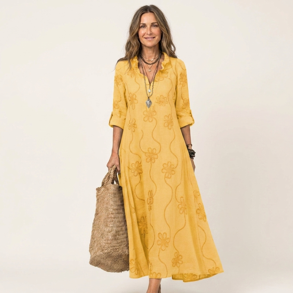 Ruffle Split Neck Floral Embroidery Long Sleeve A-Line Maxi Dress 5
