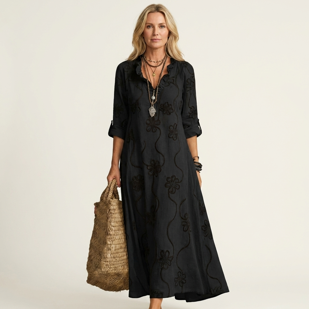 Ruffle Split Neck Floral Embroidery Long Sleeve A-Line Maxi Dress 3