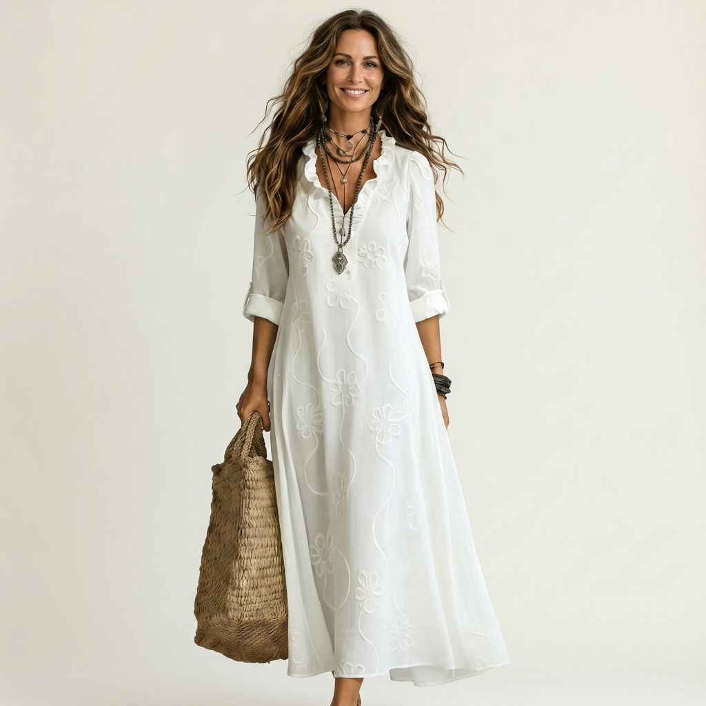 Ruffle Split Neck Floral Embroidery Long Sleeve A-Line Maxi Dress