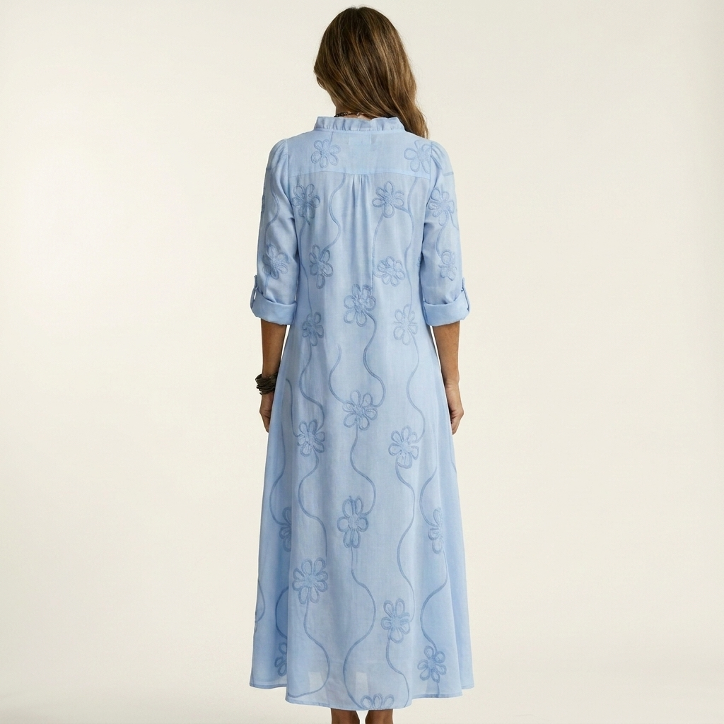 Ruffle Split Neck Floral Embroidery Long Sleeve A-Line Maxi Dress 8