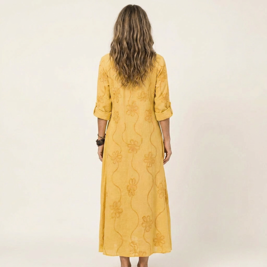 Ruffle Split Neck Floral Embroidery Long Sleeve A-Line Maxi Dress 6