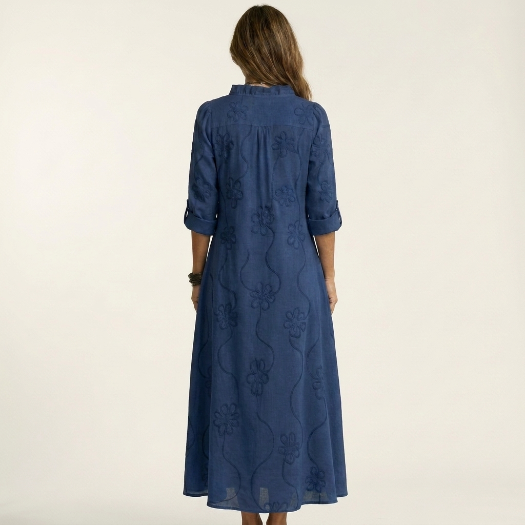 Ruffle Split Neck Floral Embroidery Long Sleeve A-Line Maxi Dress 10
