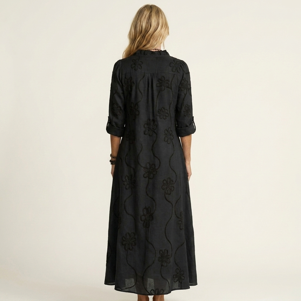 Ruffle Split Neck Floral Embroidery Long Sleeve A-Line Maxi Dress 4