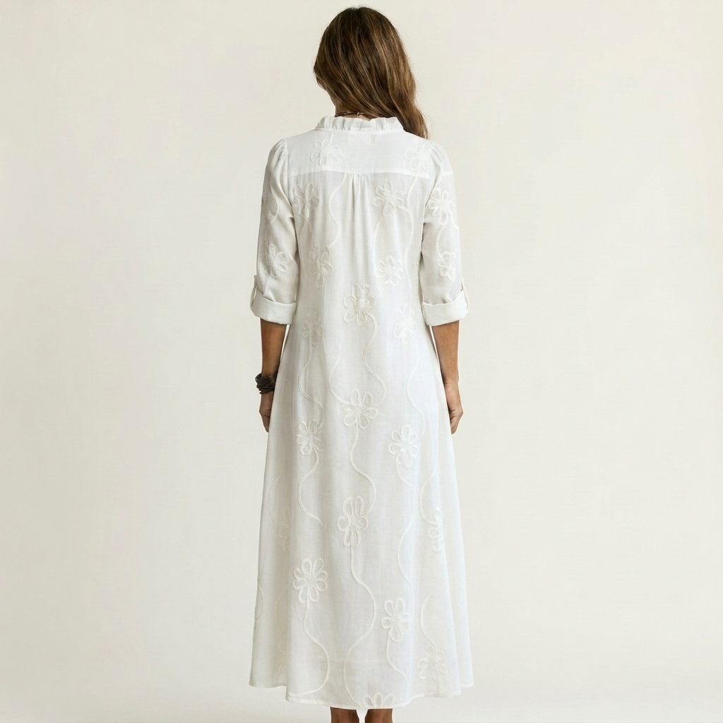 Ruffle Split Neck Floral Embroidery Long Sleeve A-Line Maxi Dress 2