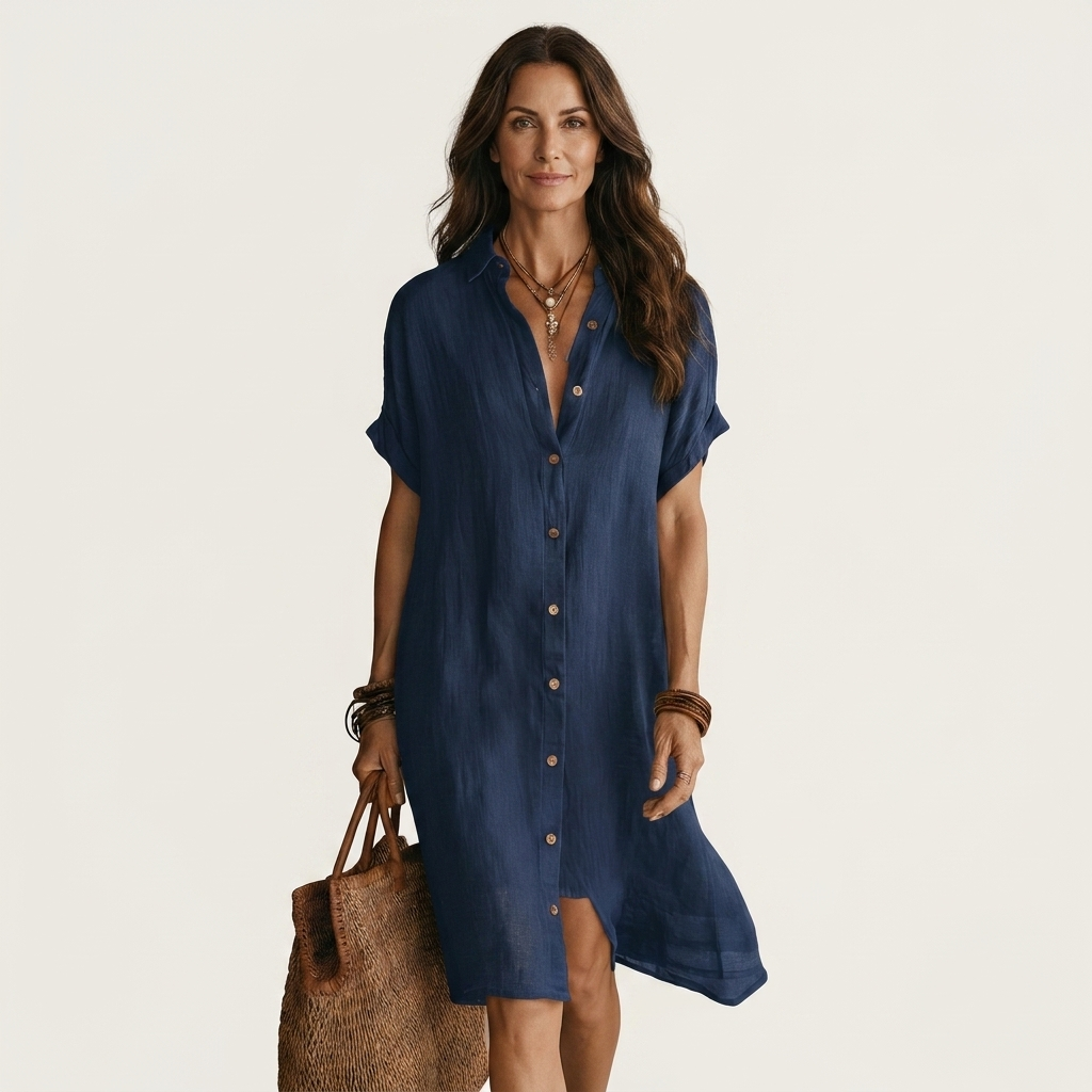 Collared Button Front Short Sleeve Linen Shirt Dress 7