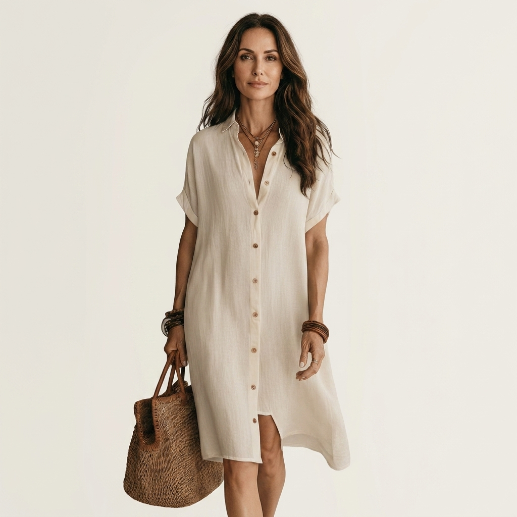 Collared Button Front Short Sleeve Linen Shirt Dress 5