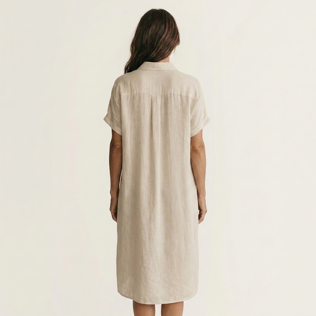 Collared Button Front Roll Sleeve Linen Shirt Midi Dress 6