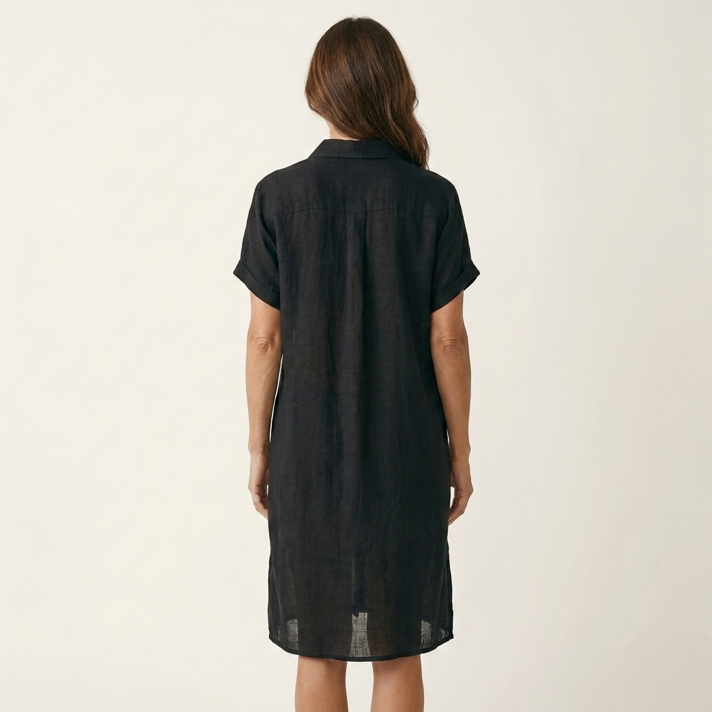 Collared Button Front Roll Sleeve Linen Shirt Midi Dress 4