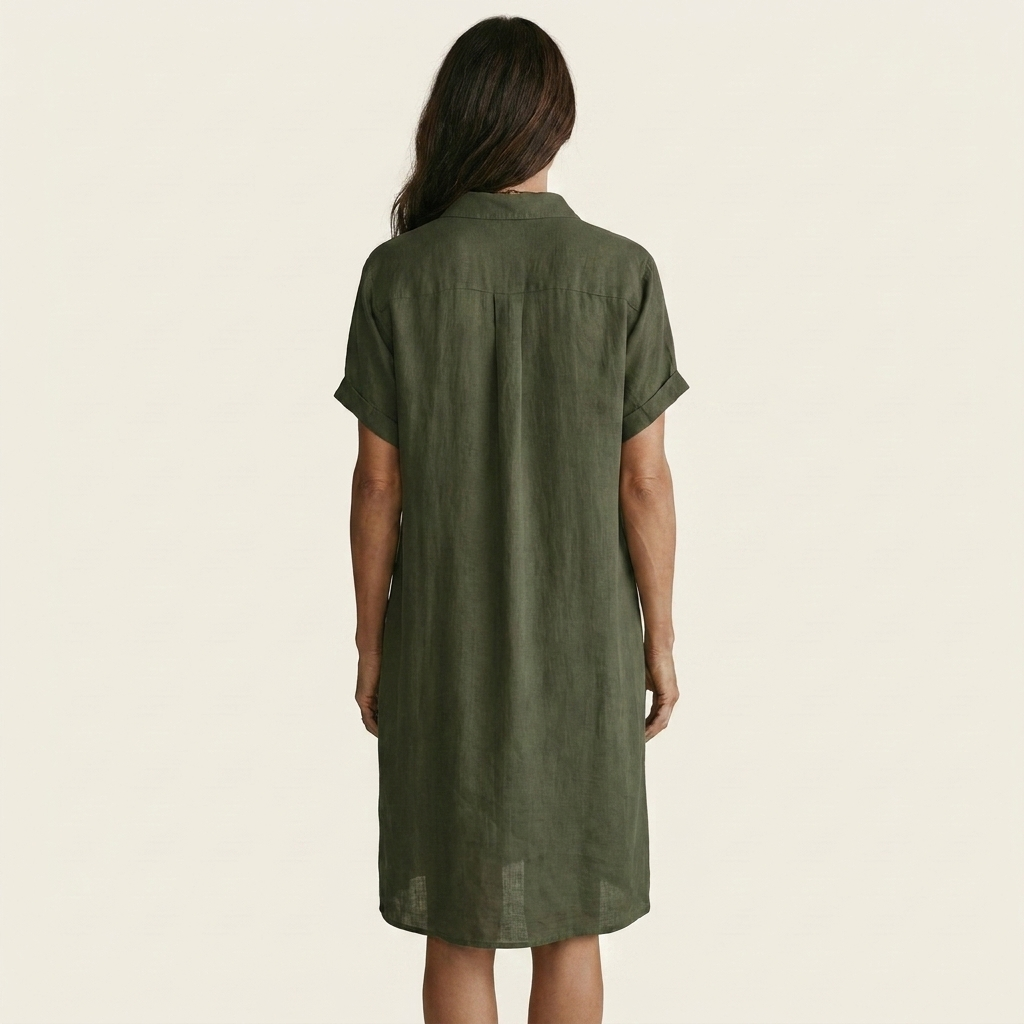 Collared Button Front Roll Sleeve Linen Shirt Midi Dress 2