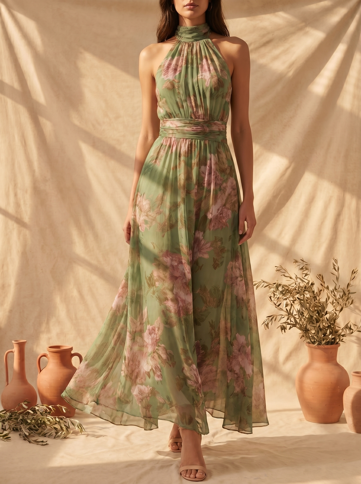 Halter Neck Floral Chiffon Flowy A-Line Maxi Dress 2