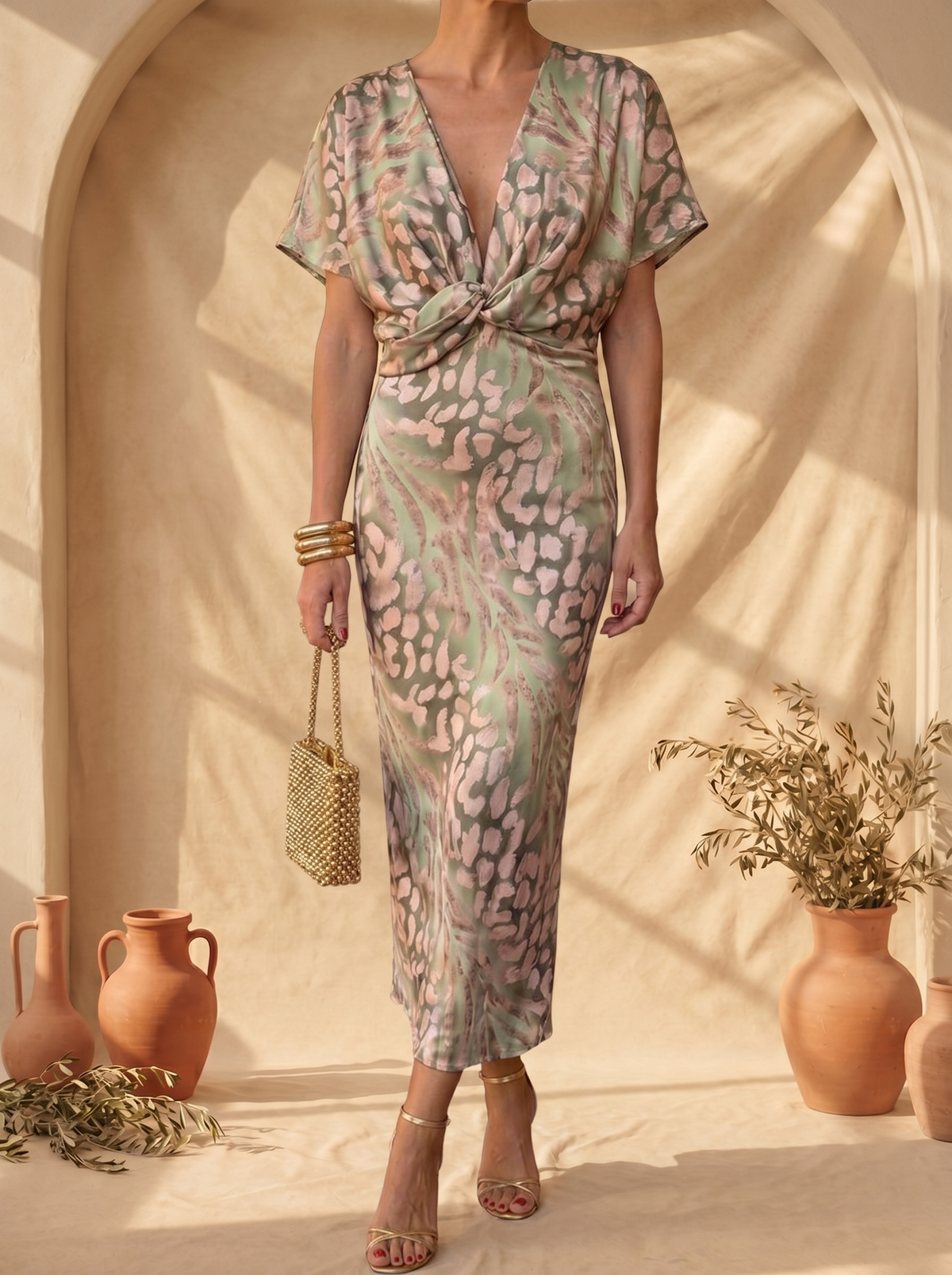 Deep V-Neck Twist Front Leopard Print Satin Sheath Midi Dress 2