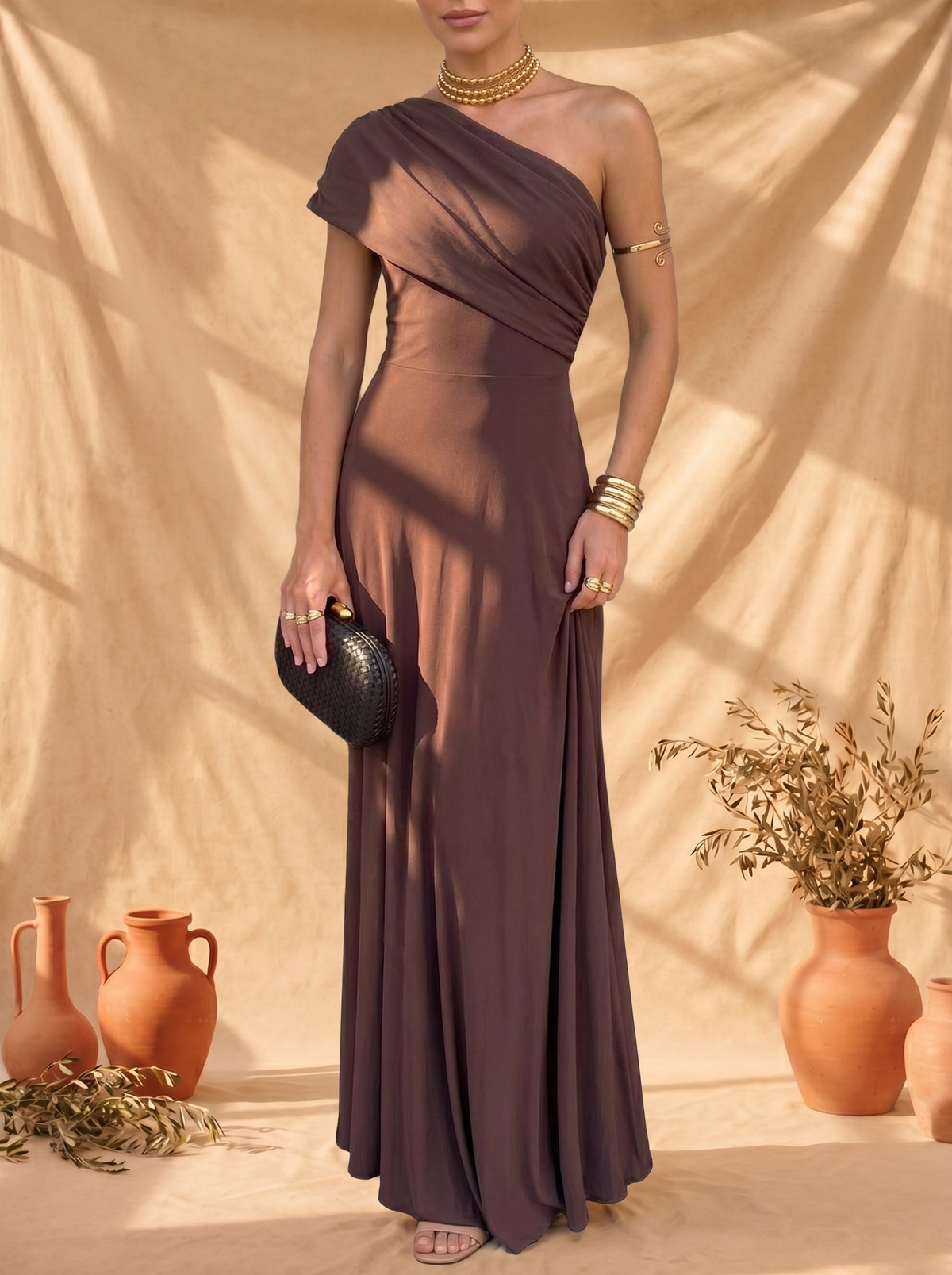 One Shoulder Draped Ruched Waist Flowy Maxi Gown 2