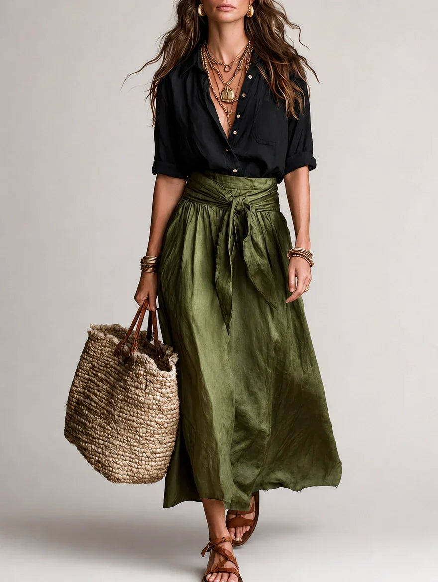 High-Waist Tie-Front Pleated Flowy Maxi Skirt