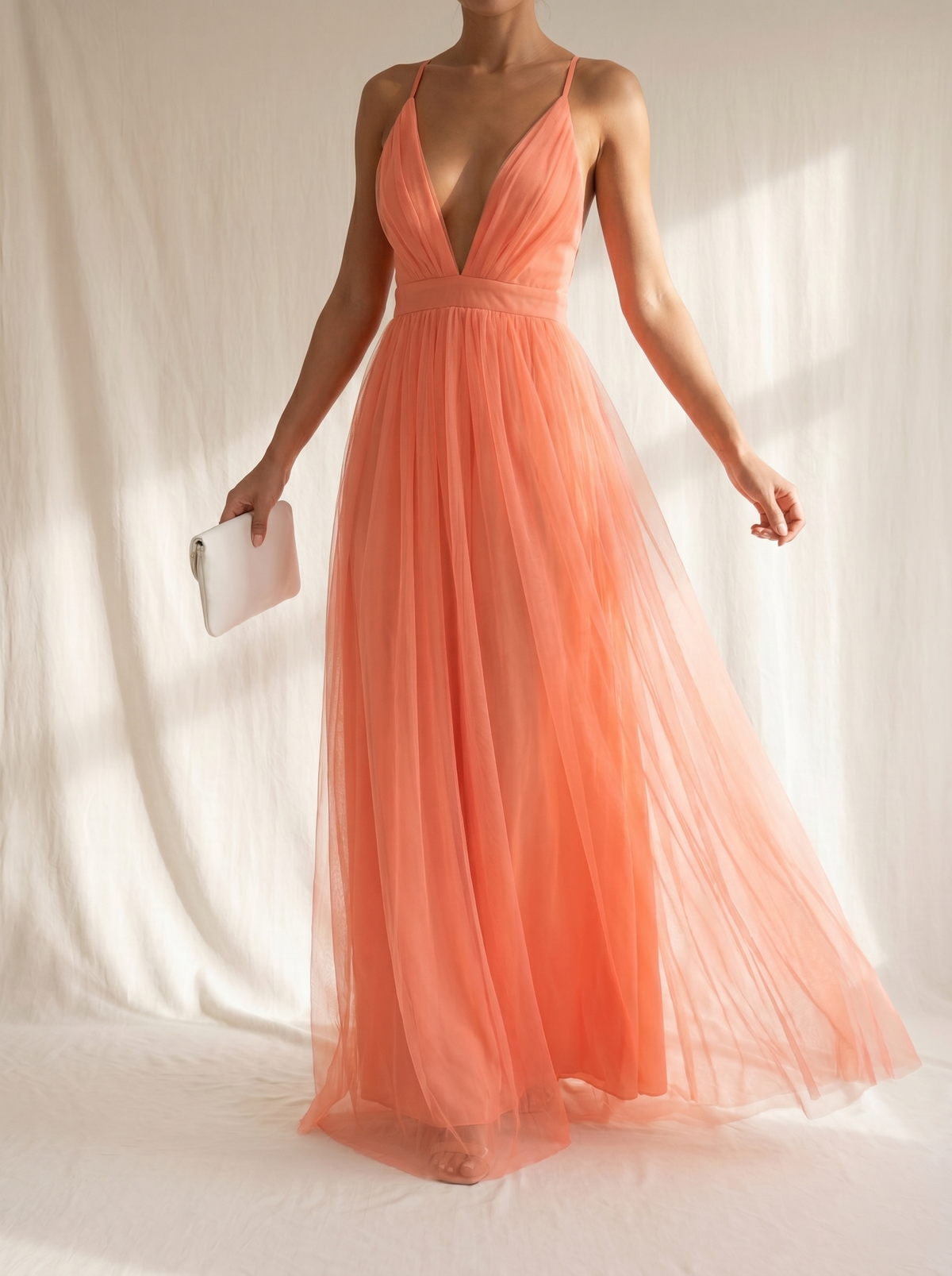 Spaghetti Strap Plunge V-Neck Tulle Pleated A-Line Maxi Gown 2