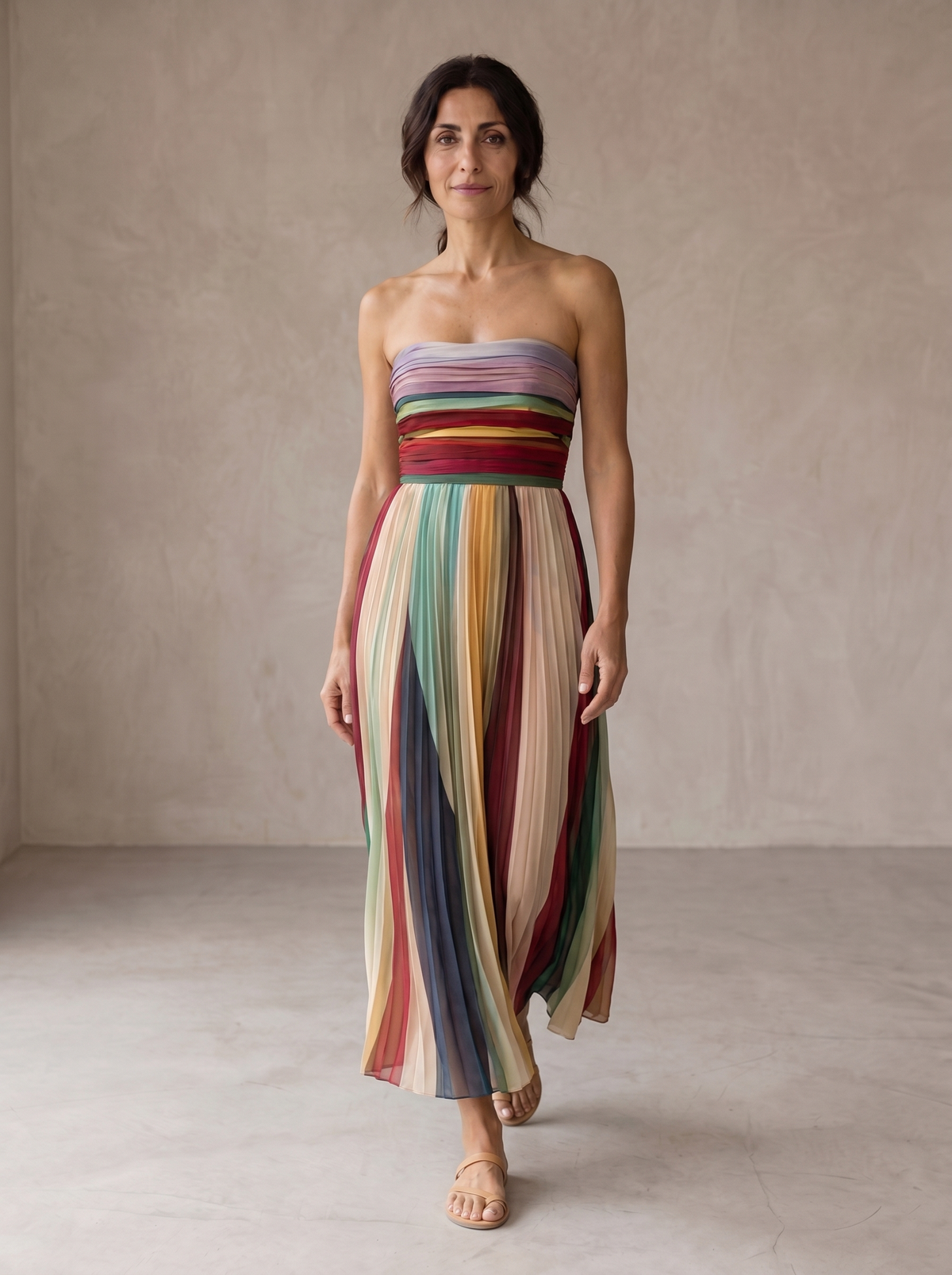 Strapless Striped Chiffon Ruched Pleated A-Line Maxi Dress