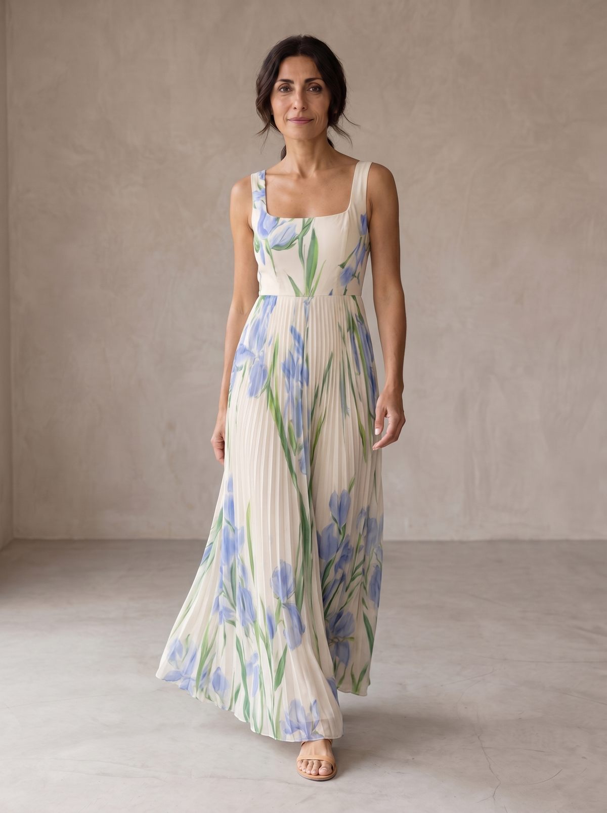 Square Neck Floral Sleeveless Pleated A-Line Maxi Dress