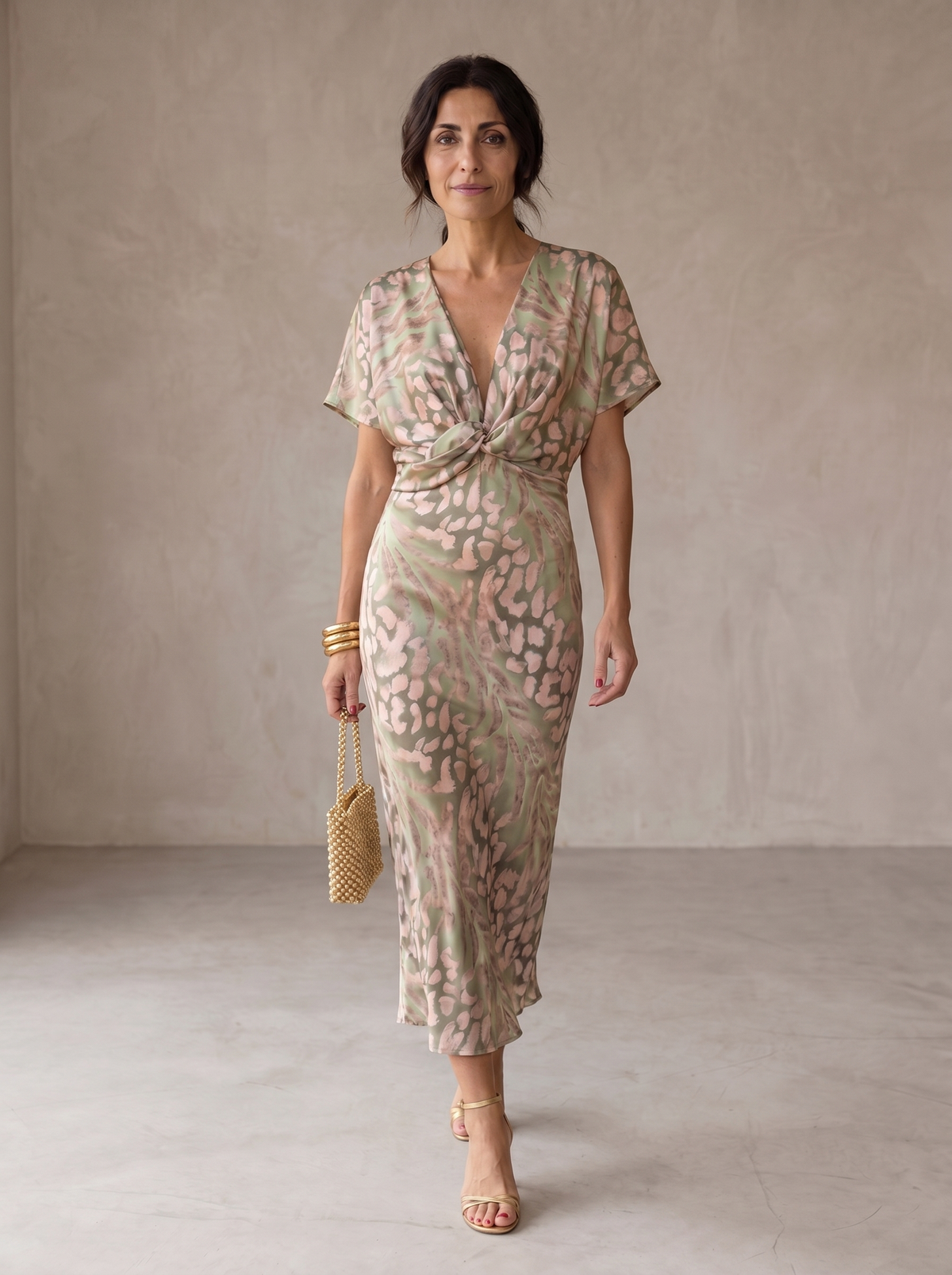 Deep V-Neck Twist Front Leopard Print Satin Sheath Midi Dress