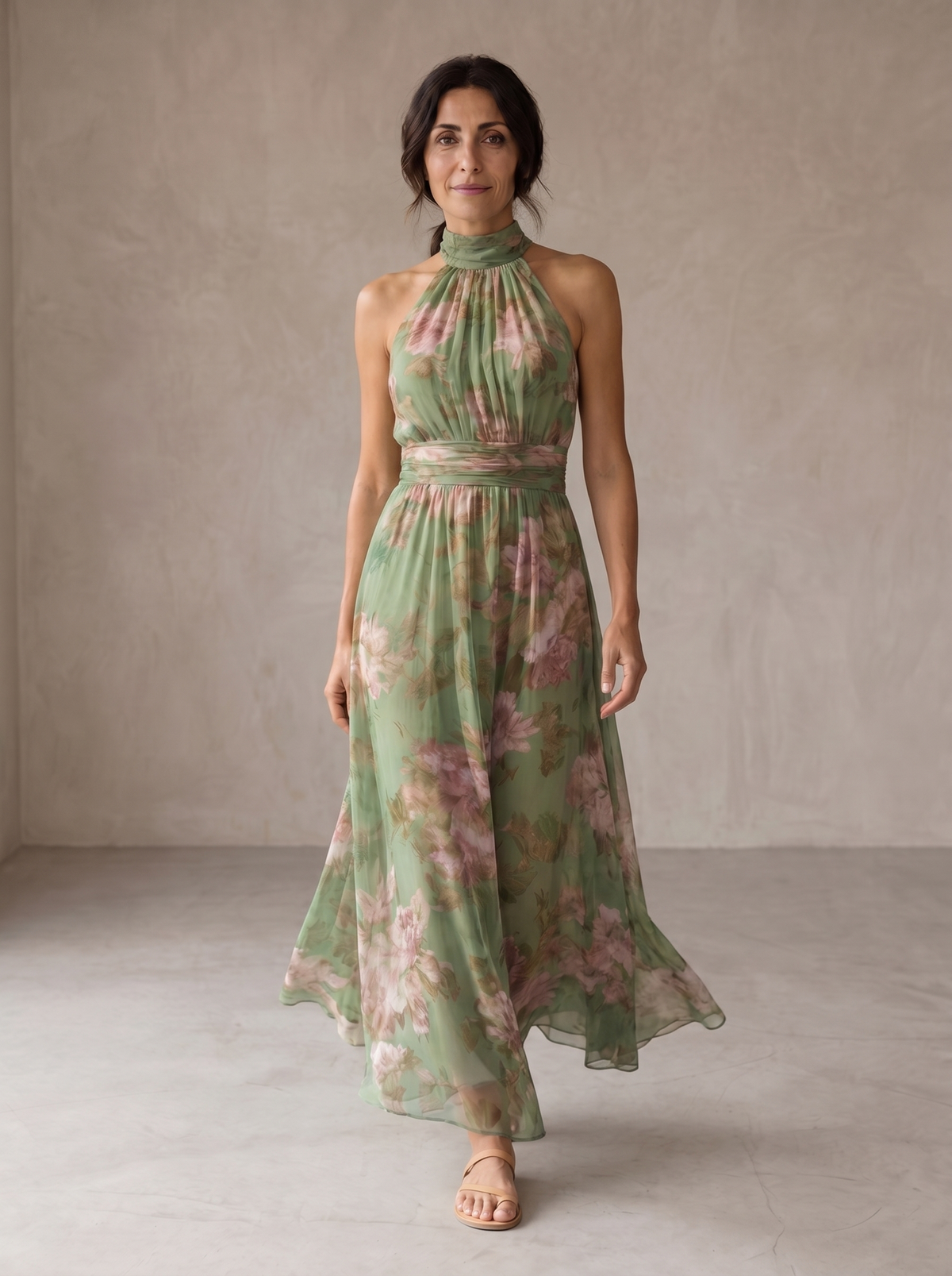 Halter Neck Floral Chiffon Flowy A-Line Maxi Dress