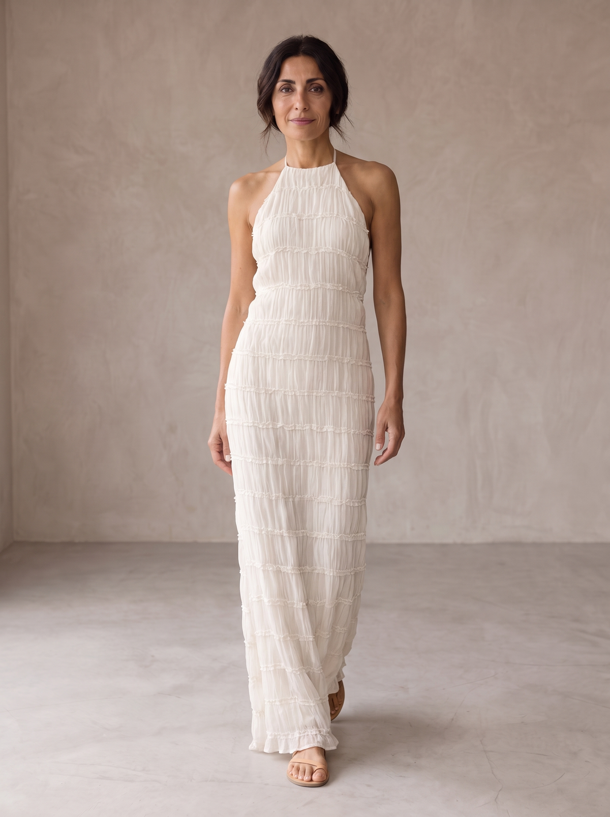 Halter Neck Tiered Ruffle Textured Column Maxi Dress