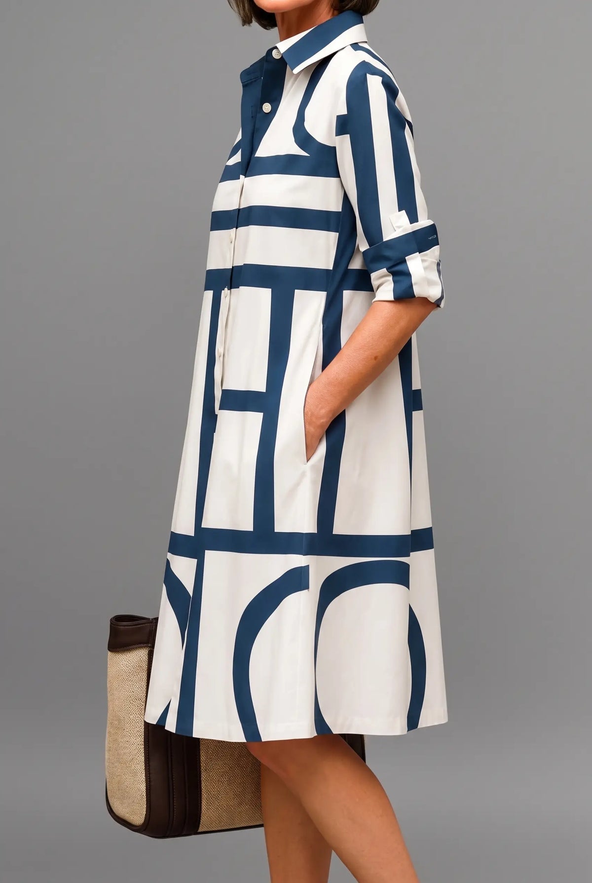 Collared Button Up Geometric Print Long Sleeve Shirt Midi Dress 2