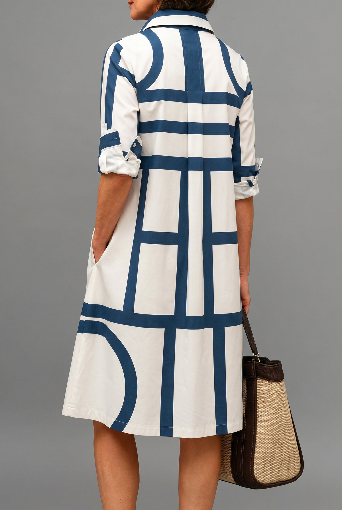 Collared Button Up Geometric Print Long Sleeve Shirt Midi Dress 3