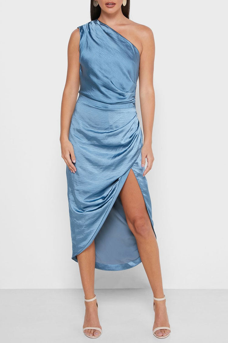 Dusty Blue One Shoulder Satin Ruched High Slit Asymmetrical Midi Dress